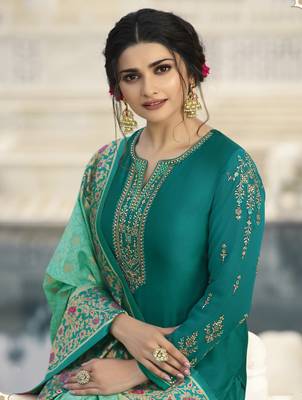 Teal-Green Embroidered Satin Salwar 3