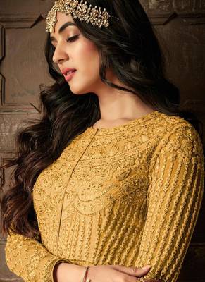 Mustard embroidered net salwar 2