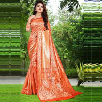 Orange woven banarasi silk saree with blouse 1