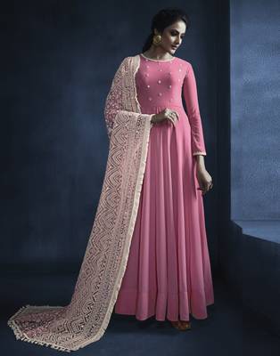 Pink resham embroidery georgette kameez with dupatta 1