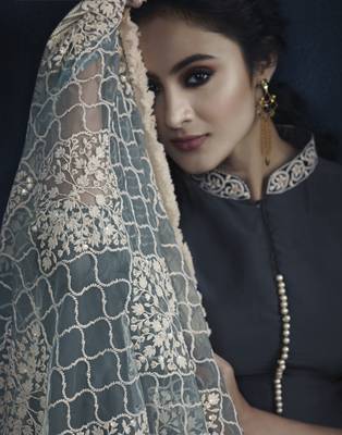 Grey resham embroidery georgette kameez with dupatta 2