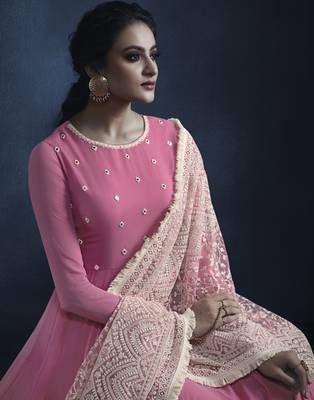 Pink resham embroidery georgette kameez with dupatta 4