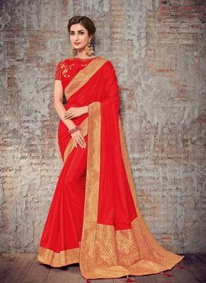 Red embroidered silk saree with blouse 1
