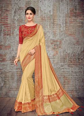 Cream embroidered silk saree with blouse 1
