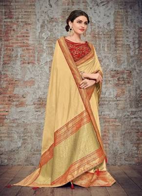 Cream embroidered silk saree with blouse 2