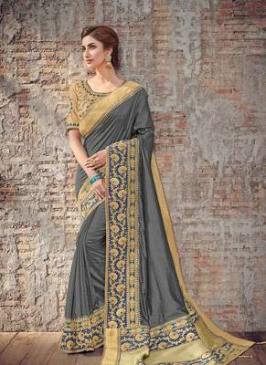 Grey embroidered silk saree with blouse 1