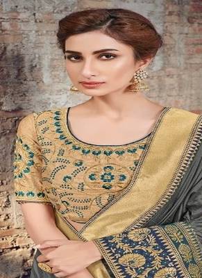 Grey embroidered silk saree with blouse 2
