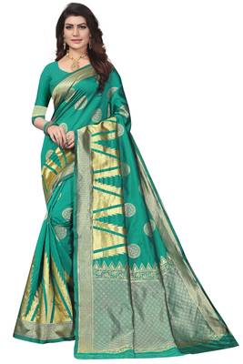 Sea Green Woven Banarasi Saree With Blouse 1