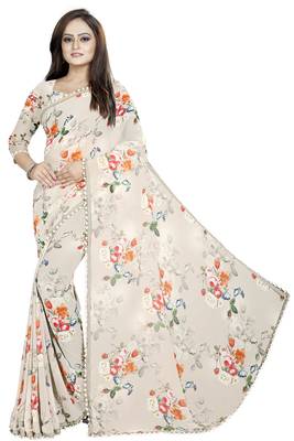 Off white printed georgette saree with blouse 1
