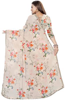 Off white printed georgette saree with blouse 3