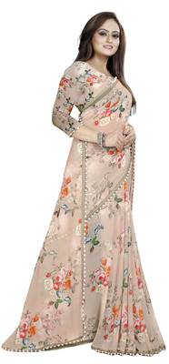Light cream printed georgette saree with blouse 2