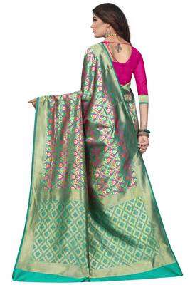 Green Woven Banarasi Saree With Blouse 4
