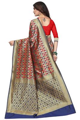 Blue Woven Banarasi Saree With Blouse 4