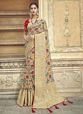 Cream embroidered patola saree with blouse 1