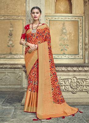 Peach embroidered patola saree with blouse 1