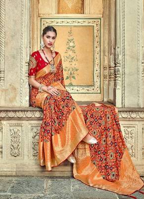Peach embroidered patola saree with blouse 2