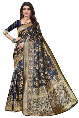 Blue Woven Banarasi Style Saree With Blouse 1