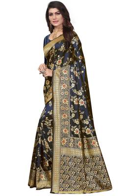 Blue Woven Banarasi Style Saree With Blouse 2