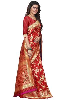 Red Woven Banarasi Saree With Blouse 3
