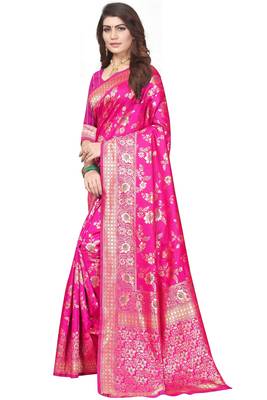 Pink Woven Banarasi Saree With Blouse 2