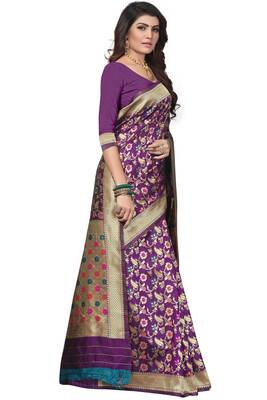 Purple Woven Banarasi Saree With Blouse 3