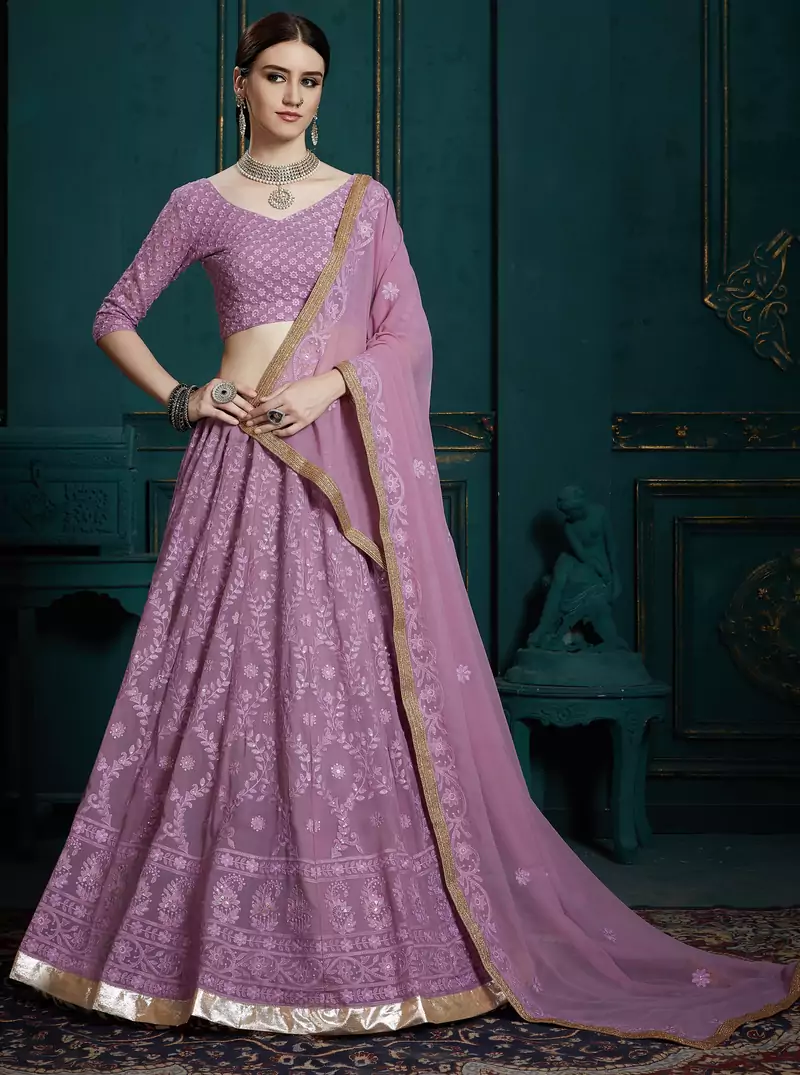 LAVENDER EMBROIDERED GEORGETTE Semi Stitched bridal lehenga