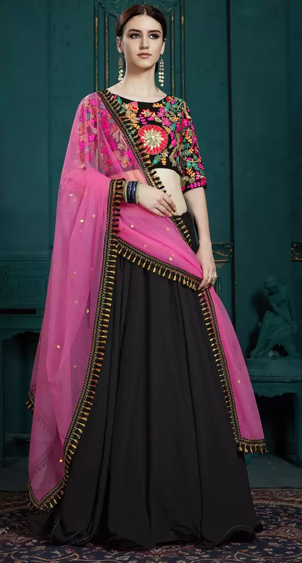 Marvelous Black & Pink Colored Thread & Sequins Embroidered Georgette Fabric Ghagra choli