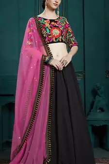 Marvelous Black & Pink Colored Thread & Sequins Embroidered Georgette Ghagra Choli