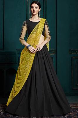 Black Thread And Glitter Sequins Embroidered Georgette Semi Stitched Lehenga Choli With Dupatta 1