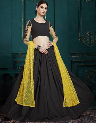 Black Thread And Glitter Sequins Embroidered Georgette Semi Stitched Lehenga Choli With Dupatta 2