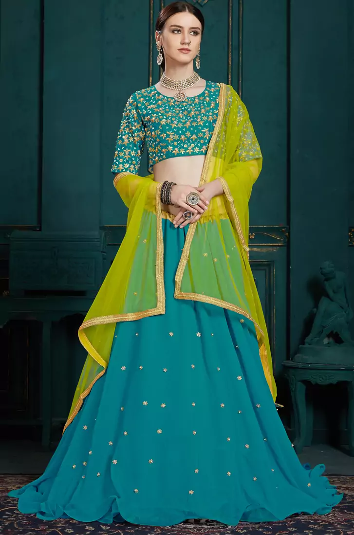 Mesmerizing Blue Thread Embroidery Georgette Semi Stitched bridal lehenga Choli For Party Wear