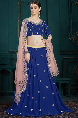 Navy Blue Zari And Sequins Embroidered Georgette Semi Stitched bridal lehenga 1