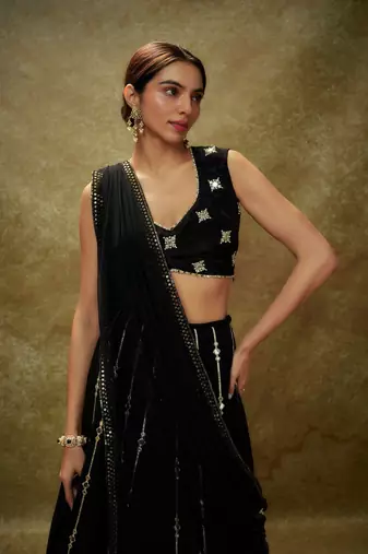 Glamorous Black Sequins Embroidered Georgette latest designs indian designer wedding lehenga choli dress