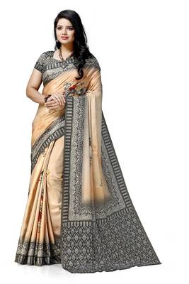 Peach printed tussar silk saree with blouse 1