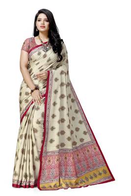 Beige printed tussar silk saree with blouse 1