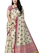 Beige printed tussar silk saree with blouse