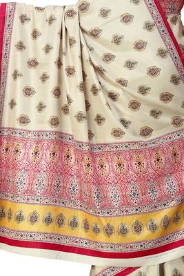 Beige printed tussar silk saree with blouse 3