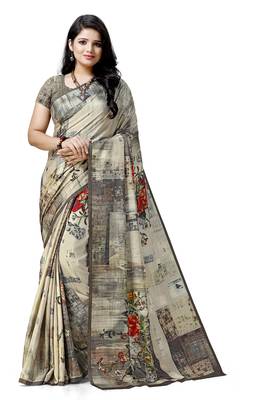 Cream printed tussar silk saree with blouse 1