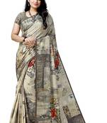 Cream printed tussar silk saree with blouse