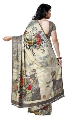 Cream printed tussar silk saree with blouse 2