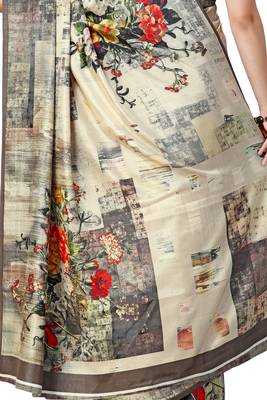 Cream printed tussar silk saree with blouse 3