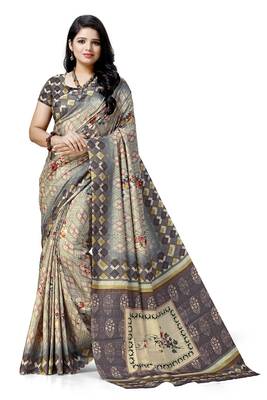 Beige printed tussar silk saree with blouse 1