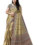 Beige printed tussar silk saree with blouse