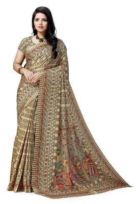 Beige printed tussar silk saree with blouse 1