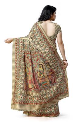 Beige printed tussar silk saree with blouse 2
