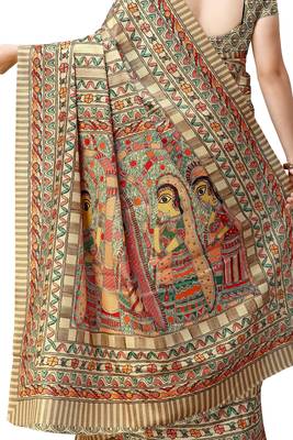 Beige printed tussar silk saree with blouse 3