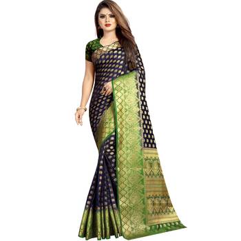 Navy blue woven art silk saree with blouse 1