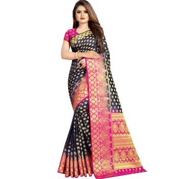 Navy blue woven art silk saree with blouse 1