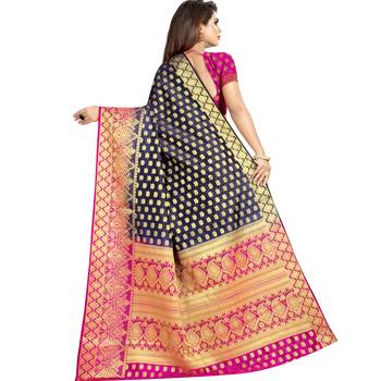 Navy blue woven art silk saree with blouse 2