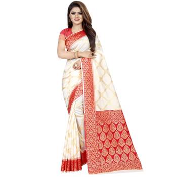 White woven art silk saree with blouse 1